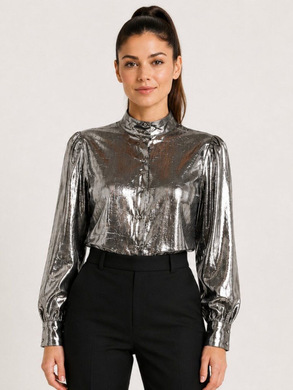 Vintage Lloyd Williams Metallic Silver Button Front Blouse Size 4 Futuristic